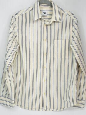 Zara Men M Cream Blue Striped Textured Shirt Coastal Riviera Resort Button Up